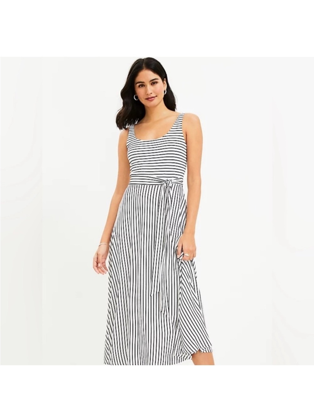 Loft striped tie-waist sleeveless midi dress in nautical black and white flowy